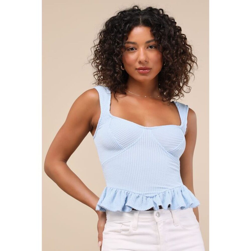 Lulus Cowen Light Blue Ribbed Knit Peplum Top - Size L